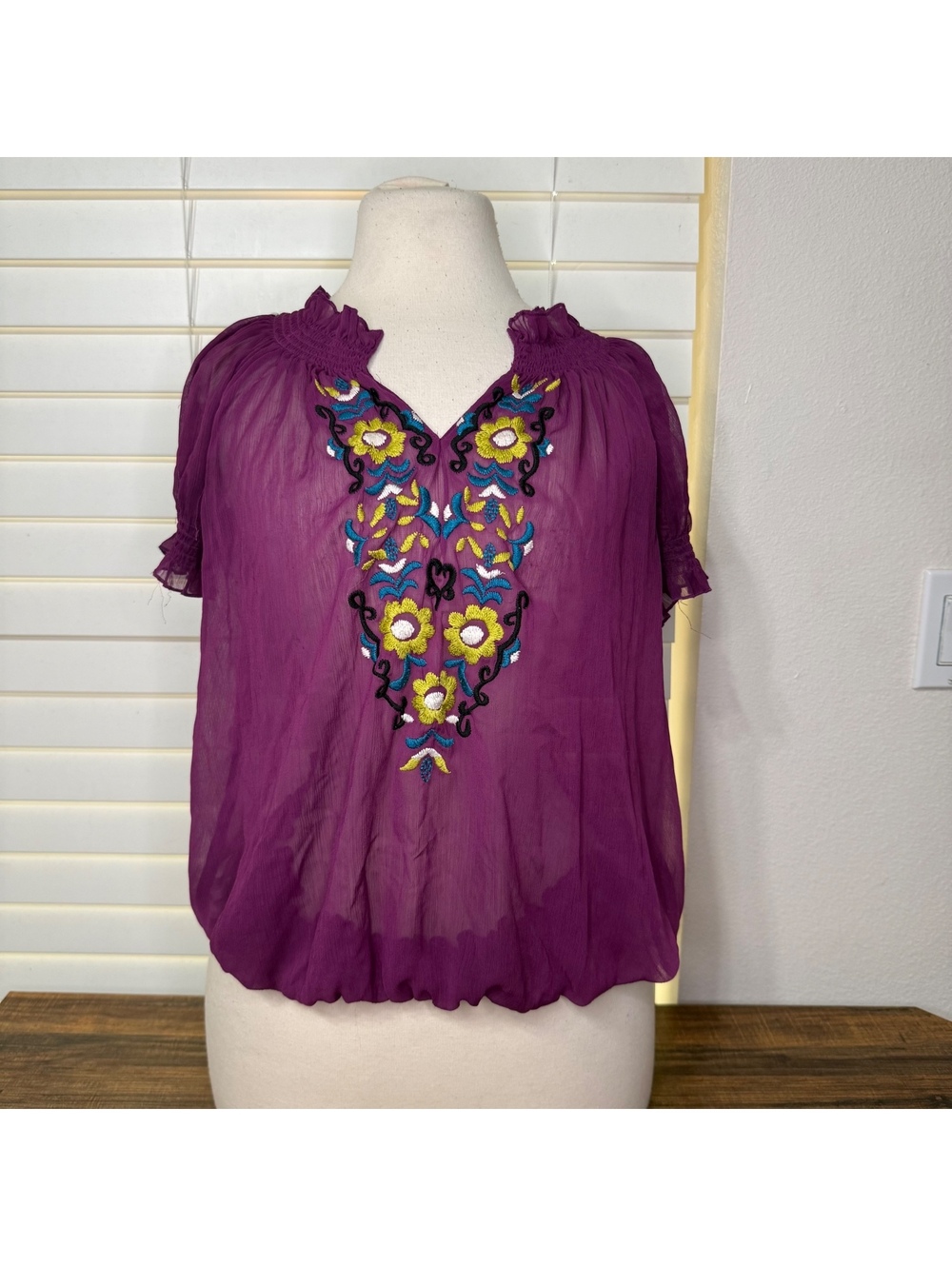 Purple Embroidered Bohemian Style Sheer Blouse